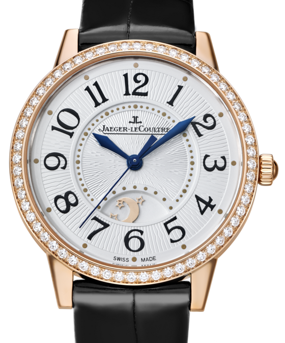 Jaeger-LeCoultre Calibre 898A/1 Rendez-Vous Night & Day 3442420 Silver Guilloche Arabic Diamond Bezel Rose Gold Leather 34mm Automatic BRAND NEW