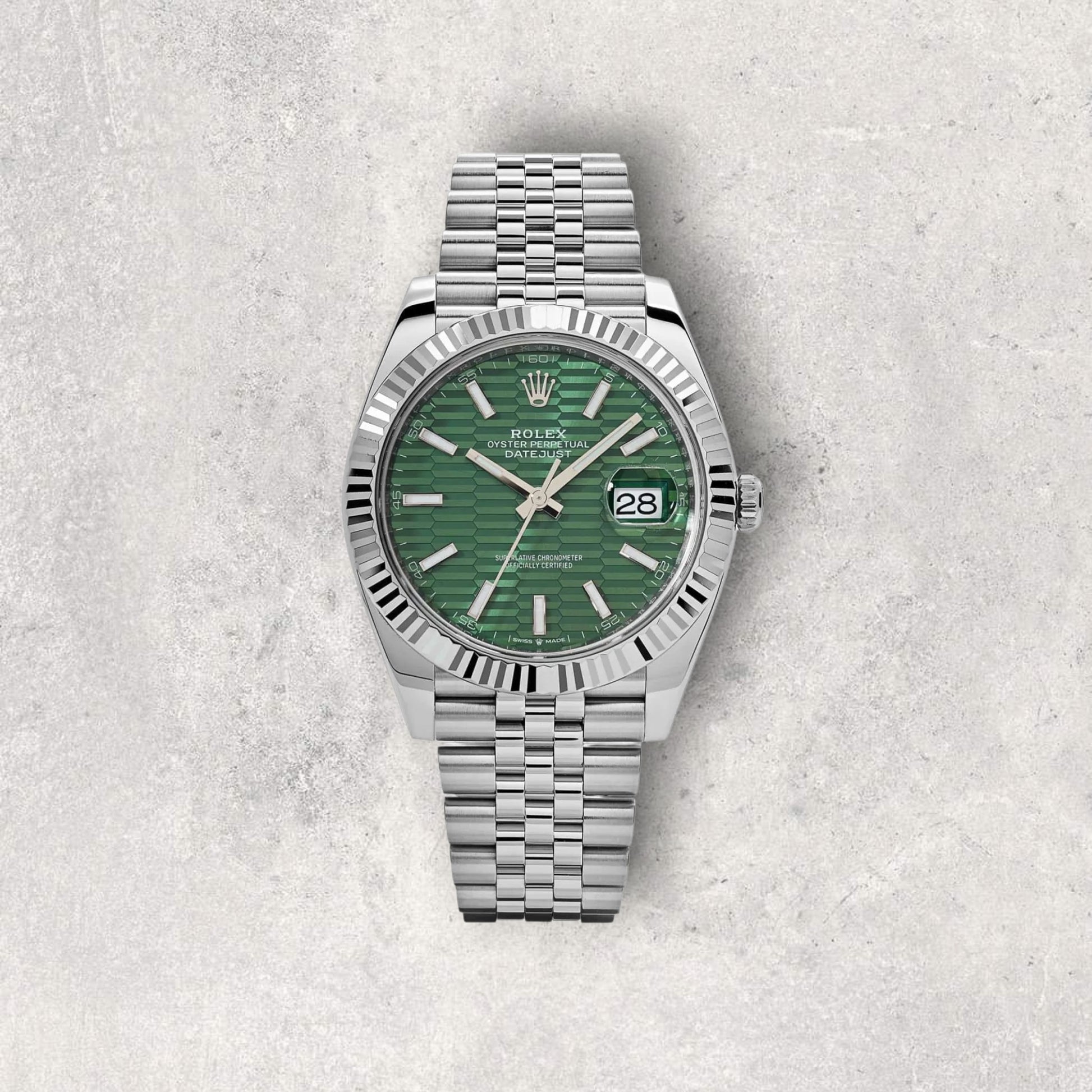 Rolex Datejust 41 126334 Stainless Steel Fluted Motif Green Dial Jubilee Bracelet Fluted Bezel