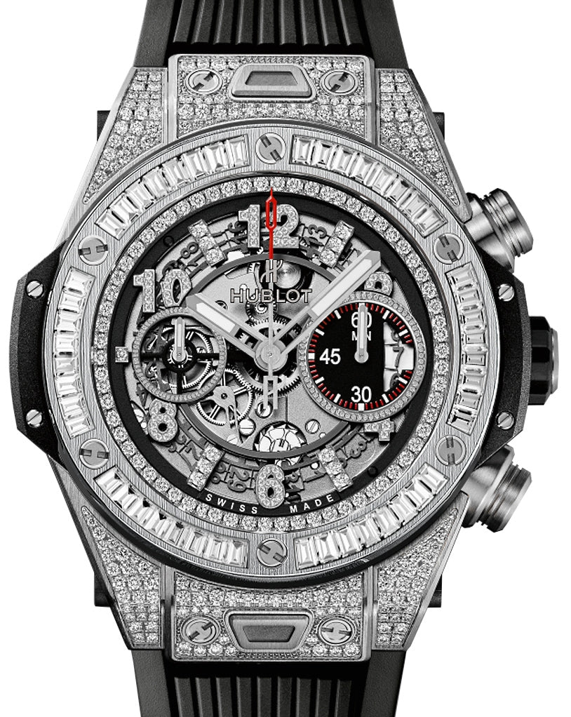 Hublot Big Bang Unico 411.NX.1170.RX.0904 Skeleton Arabic Baguette Diamond White Gold Bezel Diamond Set Titanium Case & Rubber 45mm BRAND NEW