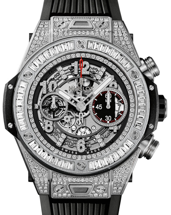 Hublot Big Bang Unico 411.NX.1170.RX.0904 Skeleton Arabic Baguette Diamond White Gold Bezel Diamond Set Titanium Case & Rubber 45mm BRAND NEW