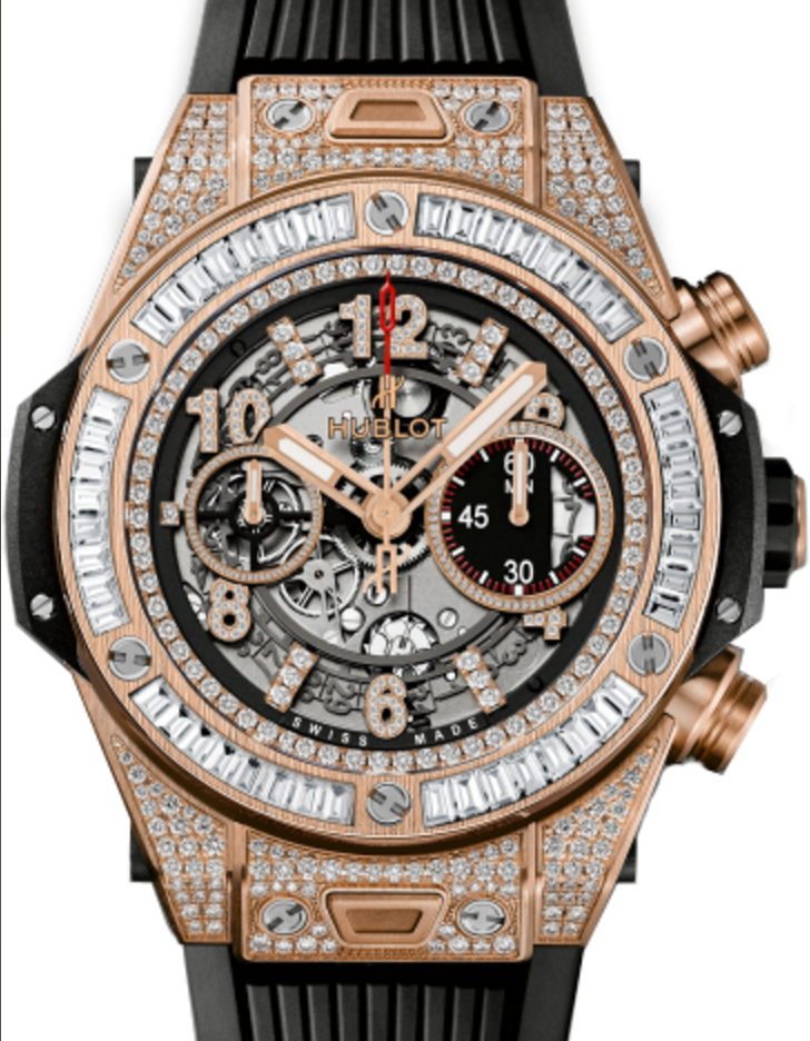 Hublot Big Bang Unico 411.OX.1180.RX.0904 Skeleton Arabic Baguette Diamond Rose Gold Bezel Diamond Set Case & Rubber 45mm BRAND NEW