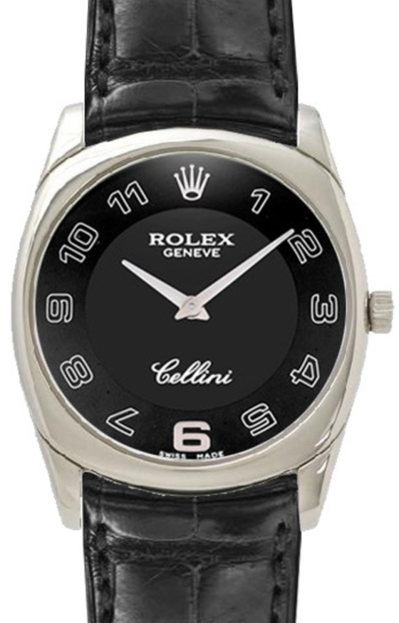 Rolex Cellini Danaos 33mm 4233/9 White Gold Black Dial Leather Strap Smooth Bezel