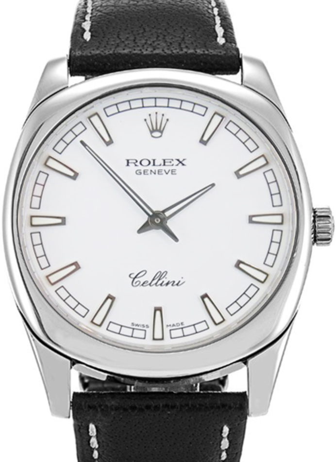 Rolex Cellini 4243-9 38mm White Gold White Dial Index Markers Black Leather Manual Wind