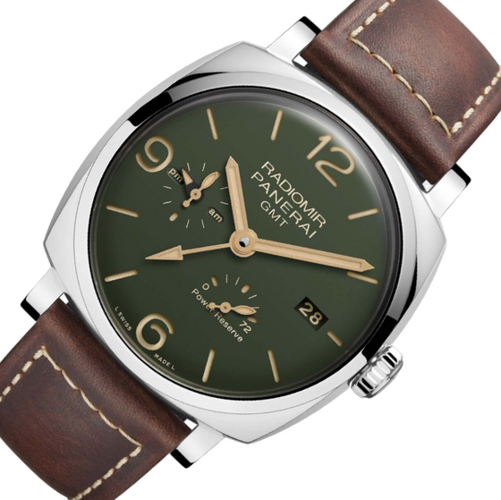 Panerai Radiomir GMT Power Reserve Steel 45mm Green Dial Leather Strap PAM00999 - BRAND NEW