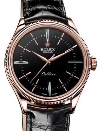 Rolex Cellini Time 50505 39mm 18k Rose Gold Black Dial Leather Strap Domed Fluted Bezel