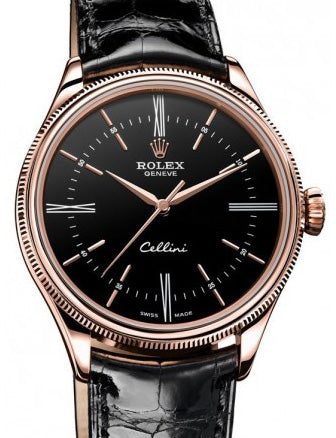Rolex Cellini Time 50505 39mm 18k Rose Gold Black Dial Leather Strap Domed Fluted Bezel