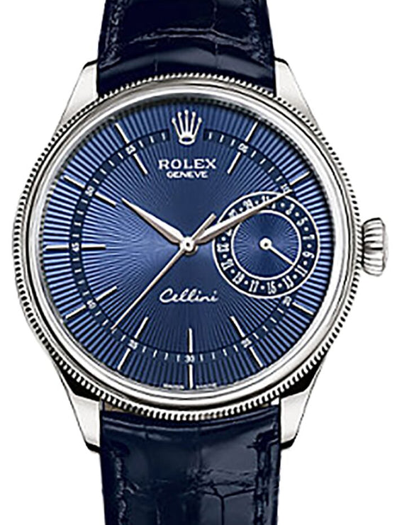 Rolex Cellini Date 50519 39mm White Gold Blue Guilloche Dial Index Markers Brown Leather