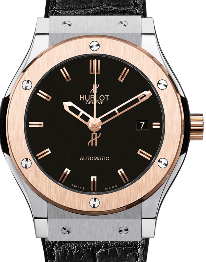 Hublot Classic Fusion 511.NO.1180.LR Black Index Fixed Rose Gold Bezel & Titanium Leather 45mm BRAND NEW