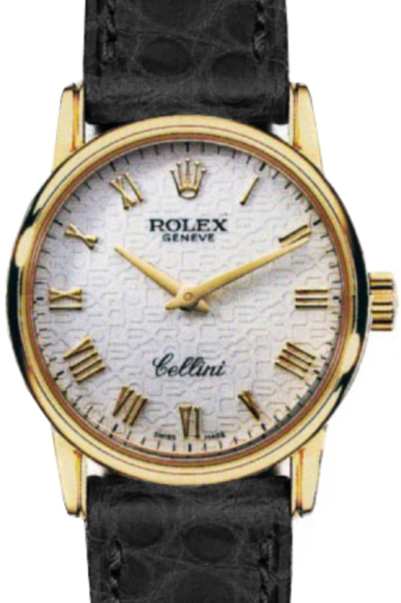 Rolex Cellini 5115-8 32mm Yellow Gold White Jubilee Roman Dial Leather Strap Domed Bezel