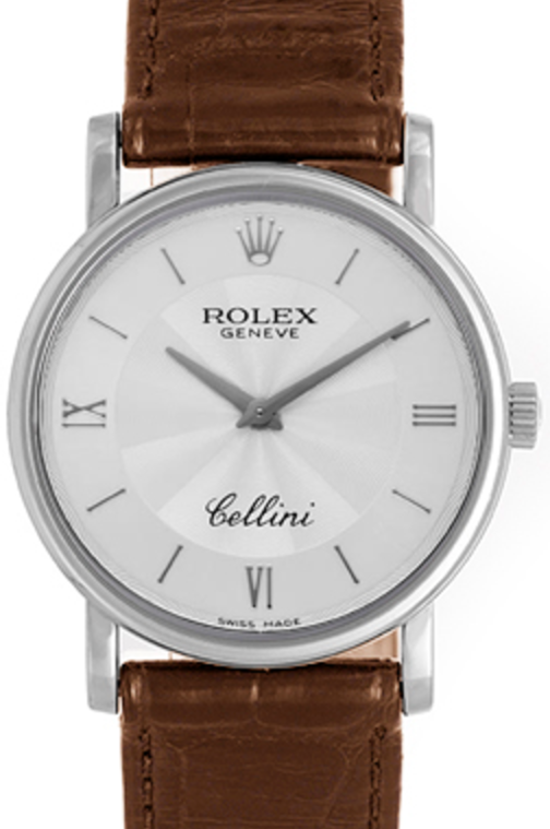 Rolex Cellini 5115-9 32mm White Gold Silver Guilloche Roman Index Leather Strap Smooth Bezel
