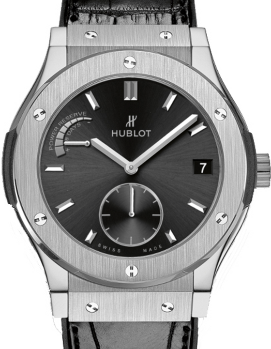 Hublot Classic Fusion Power Reserve 516.NX.1470.LR Black Index Titanium & Leather 45mm BRAND NEW