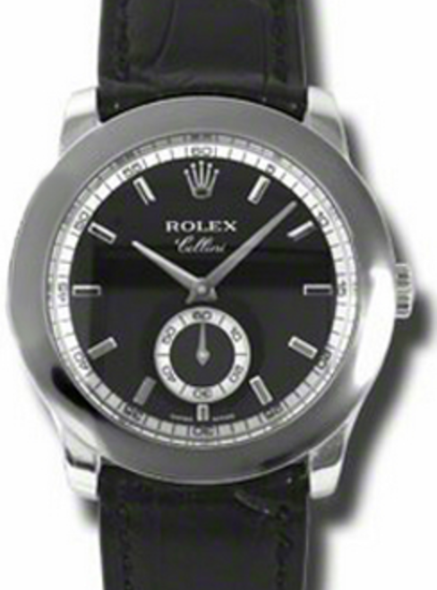 Rolex Cellini 5241-6 38mm Platinum Black Dial Leather Strap Smooth Bezel
