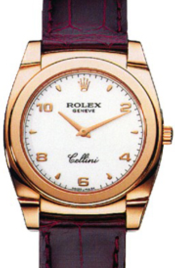 Rolex Cellini Cestello 32mm 5320-5 Rose Gold White Dial Leather Strap Domed Bezel