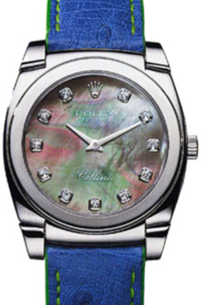 Rolex Cellini Cestello 5320-9 White Gold Mother of Pearl Diamond Markers Blue Leather Manual