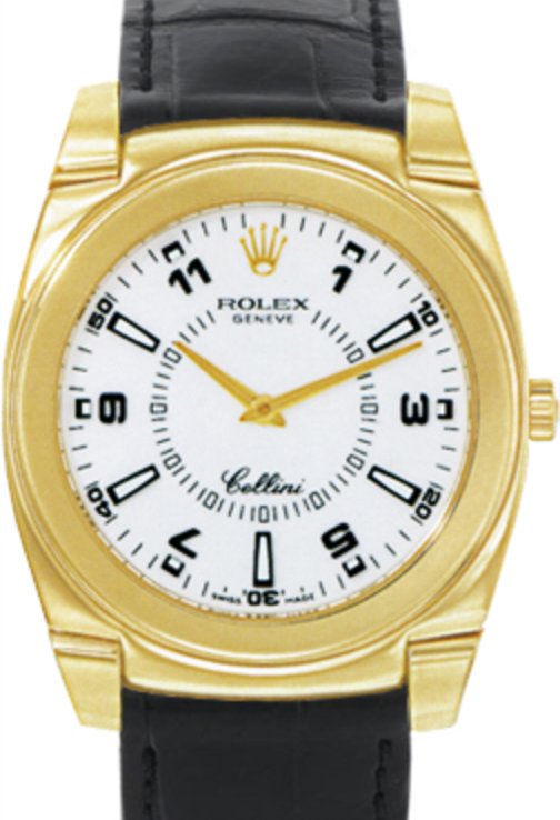 Rolex Cellini 5330-8 36mm Yellow Gold White Arabic Index Black Leather