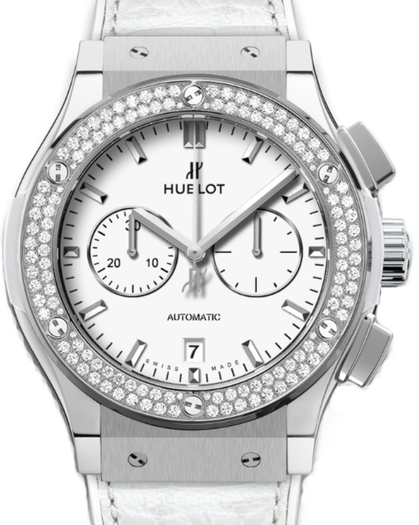 Hublot Classic Fusion Chronograph 541.NE.2010.LR.1104 White Index Diamond Bezel & Titanium Case Leather 45mm BRAND NEW