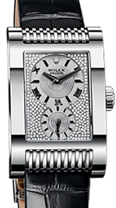 Rolex Cellini Prince 54419-DIA 18K White Gold Diamond Paved Dial Black Leather Manual