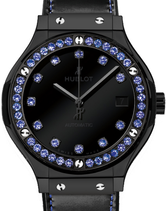 Hublot Classic Fusion Shiny 565.CX.1210.VR.1201 Black Dial Blue Sapphire Bezel Black Ceramic & Leather 38mm BRAND NEW