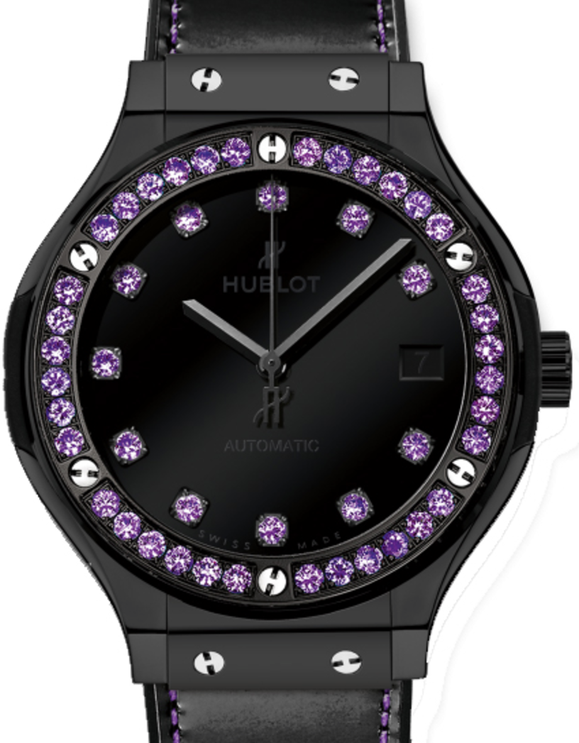 Hublot Classic Fusion Shiny 565.CX.1210.VR.1205 Black Dial Amethyst Bezel Black Ceramic & Leather 38mm BRAND NEW