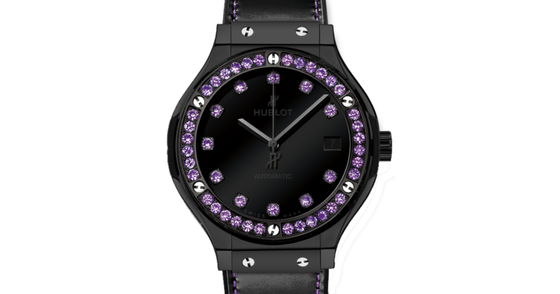 Hublot Classic Fusion Shiny 565.CX.1210.VR.1205 Black Dial Amethyst Bezel Black Ceramic & Leather 38mm BRAND NEW