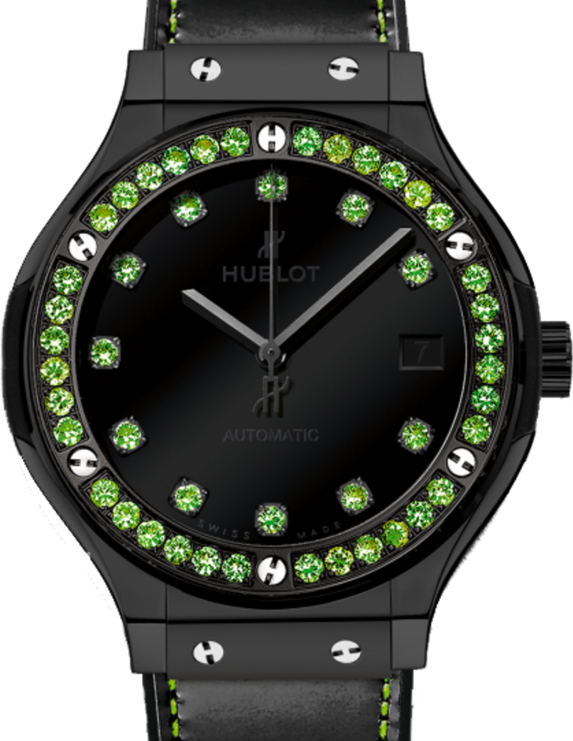 Hublot Classic Fusion Shiny 565.CX.1210.VR.1222 Black Dial Green Tsavorite Bezel Black Ceramic & Leather 38mm BRAND NEW