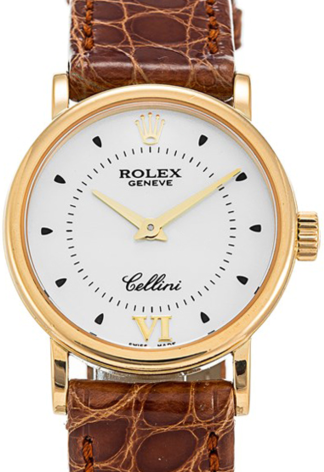 Rolex Cellini Quartz 6110-8 26mm Yellow Gold White Dial Roman Numerals Brown Leather