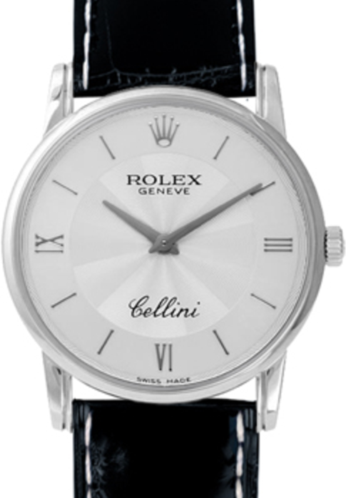 Rolex Cellini Quartz 25mm 6111-9 White Gold Silver Dial Leather Strap Smooth Bezel