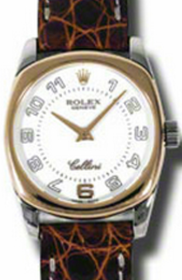 Rolex Cellini Danaos 6229-9 White Gold White Dial Rose Gold Bezel Leather Strap