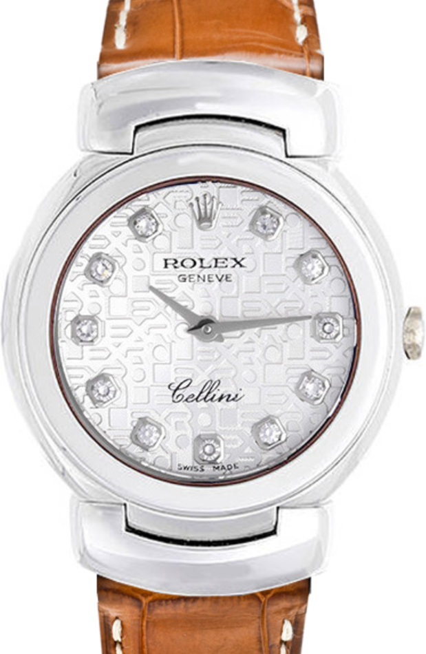 Rolex Cellini Quartz 26mm 6621-9 White Gold Silver Dial Diamond Markers Leather Strap