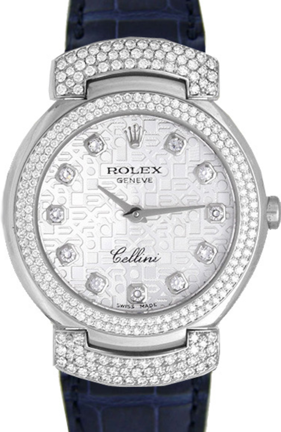 Rolex Cellini Cellissima 6673-9 White Gold Silver Dial Diamond Bezel Blue Leather