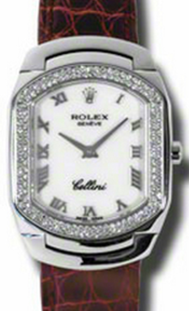 Rolex Cellini Cellissima 6691 24mm White Gold Diamond Bezel White Roman Brown Leather