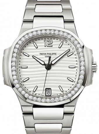 Patek Philippe 7018/1A-001 Nautilus Ladies 33.6mm Silver Index Diamond Bezel Stainless Steel Diamond Set Date BRAND NEW