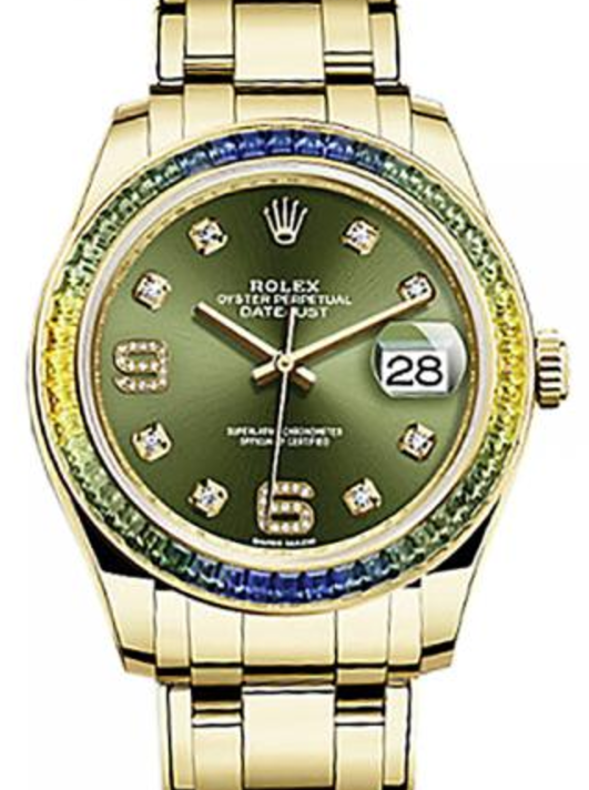 Rolex Pearlmaster 39 86348SABLV Olive Green Diamond Set with Sapphires Yellow Gold BRAND NEW