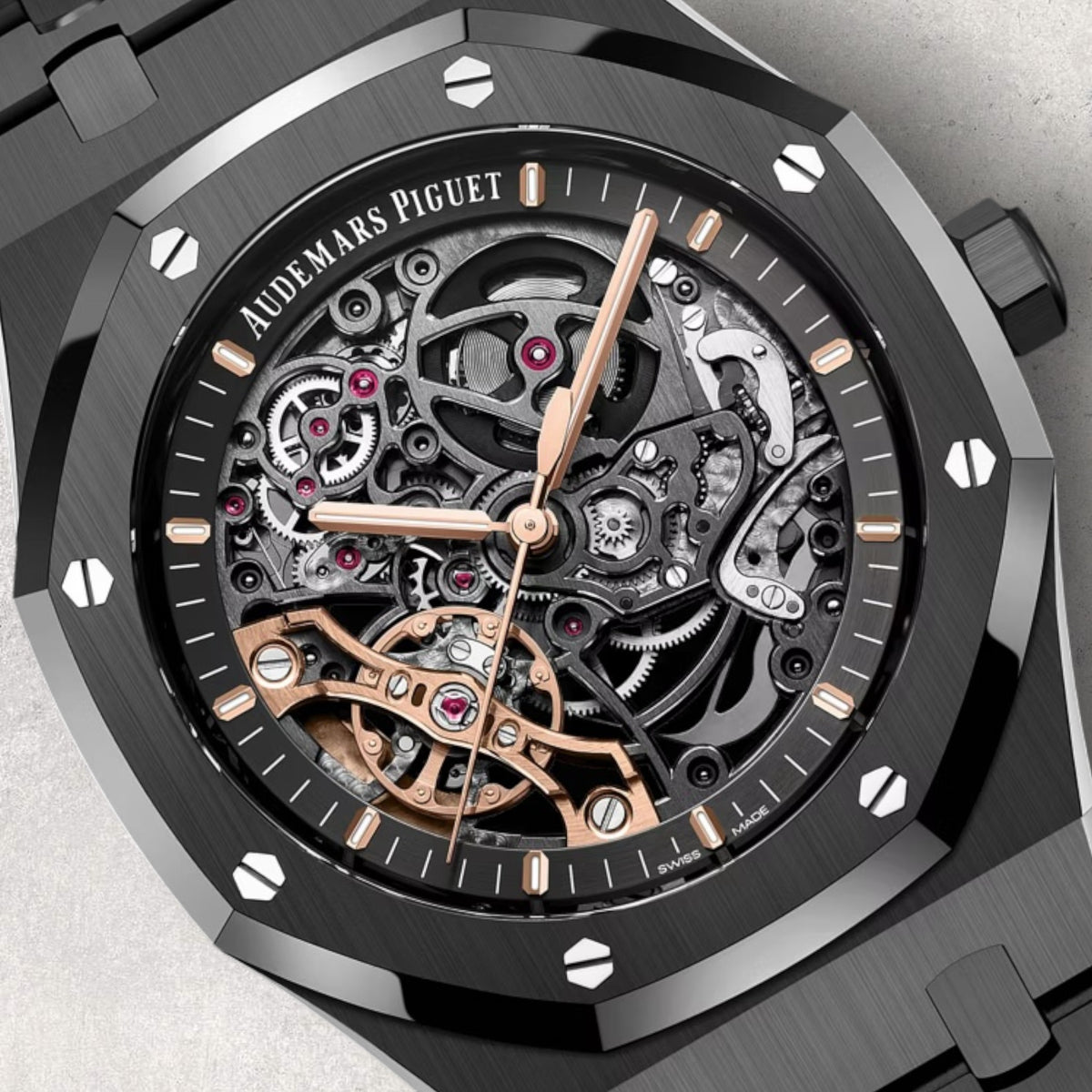 Close-up of an Audemars Piguet Royal Oak openworked dial from our watch catalogue