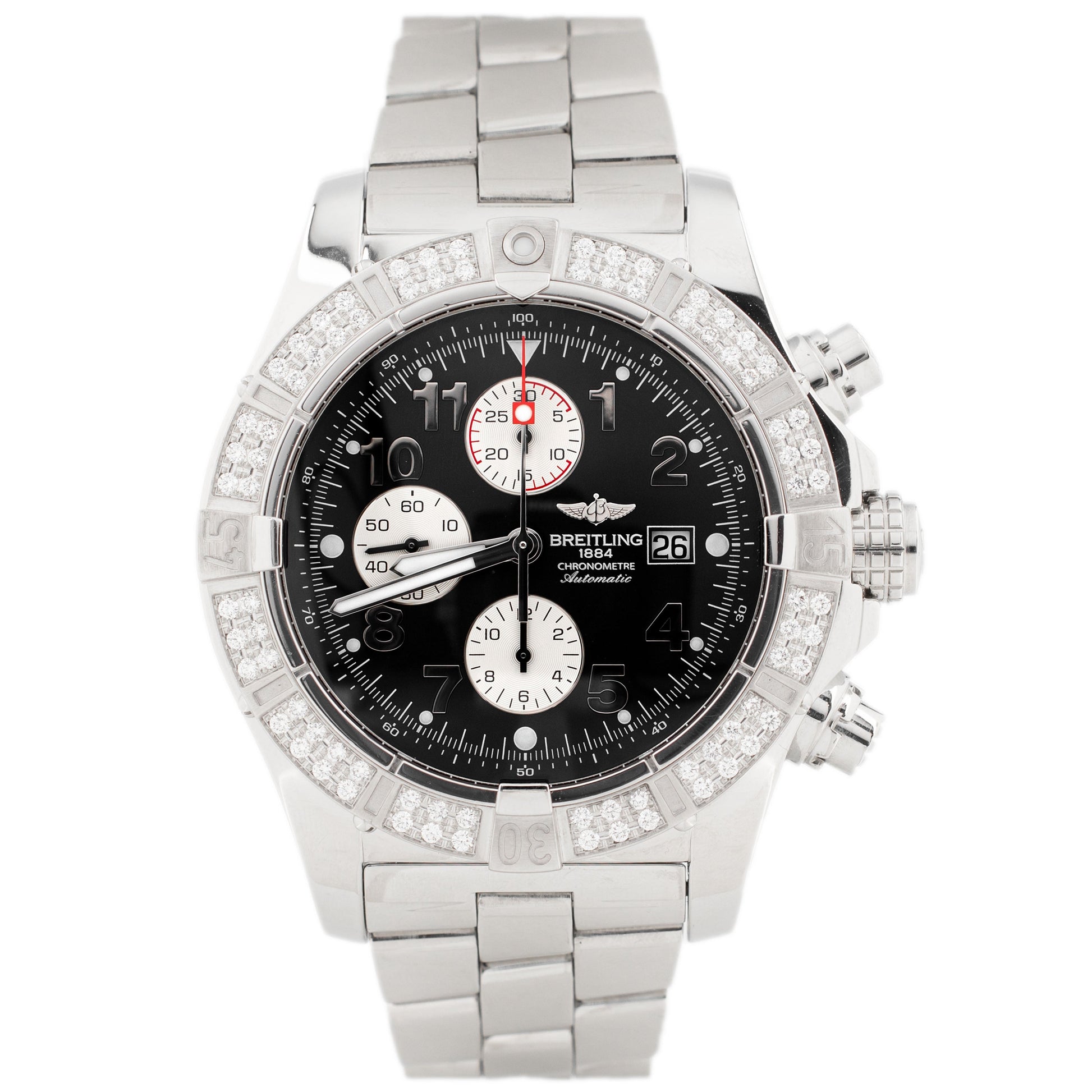 Breitling Super Avenger A13370 48mm Black Baton Stainless Steel Custom Diamond