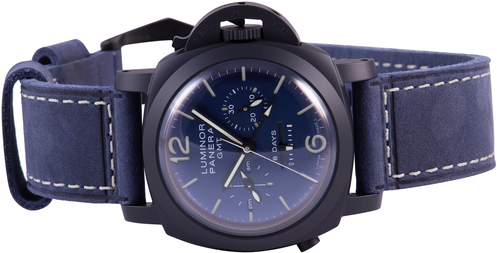 Panerai Luminor Chrono Monopulsante 8 Giorni GMT Blu Notte Black Ceramic 44mm Blue Dial Leather Strap PAM01135 - BRAND NEW