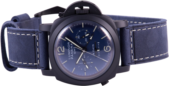 Panerai Luminor Chrono Monopulsante 8 Giorni GMT Blu Notte Black Ceramic 44mm Blue Dial Leather Strap PAM01135 - BRAND NEW