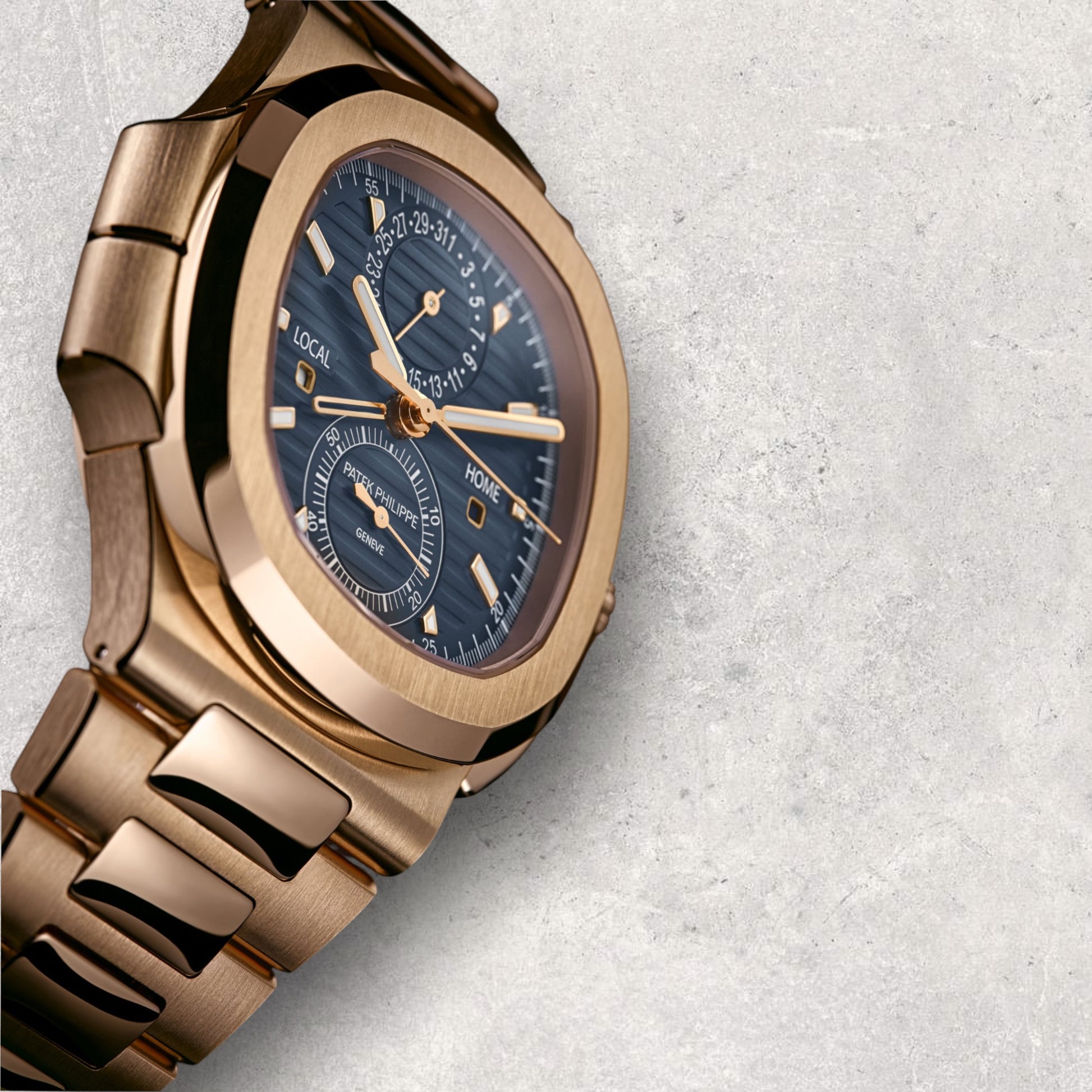 Patek Philippe Nautilus 5990/1R-001 Travel Time Chronograph Rose Gold Blue Dial
