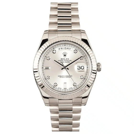 Rolex Day-Date II 218239-SLVSFP 41mm Silver Index Fluted White Gold President - BRAND NEW