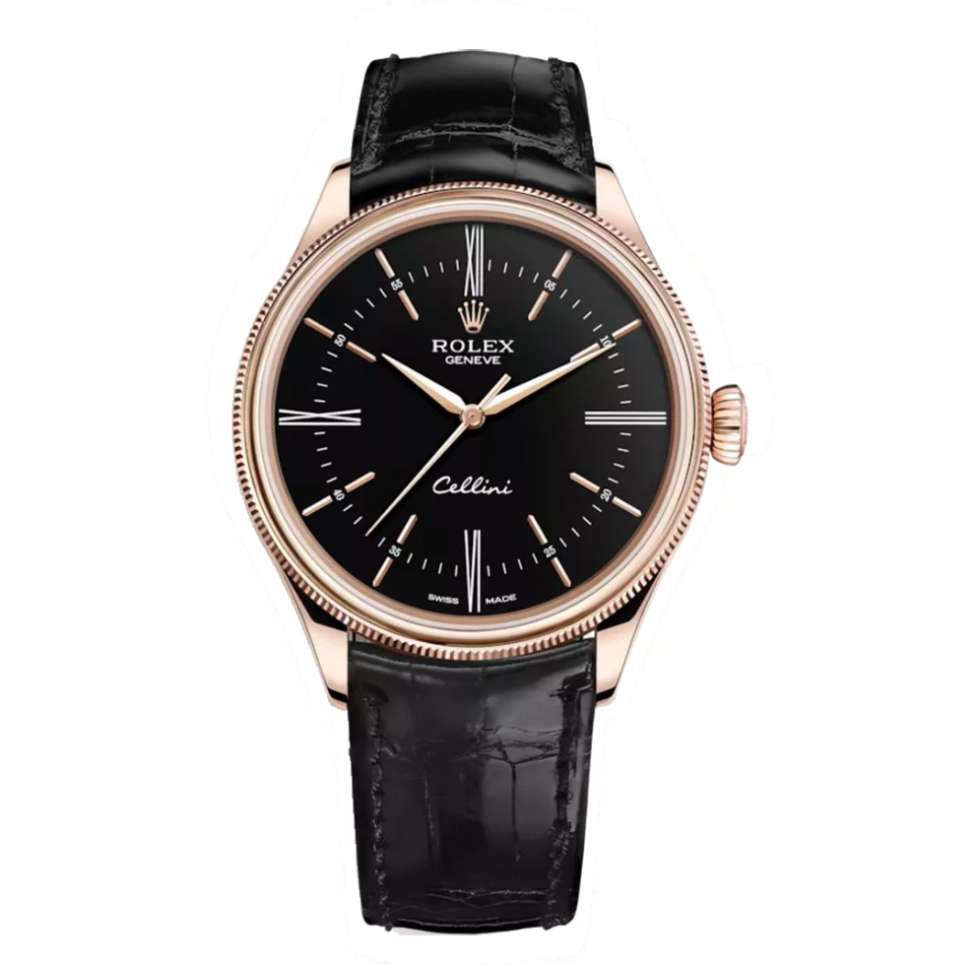 Rolex Cellini Time 50505 39mm 18k Rose Gold Black Dial Leather Strap Domed Fluted Bezel