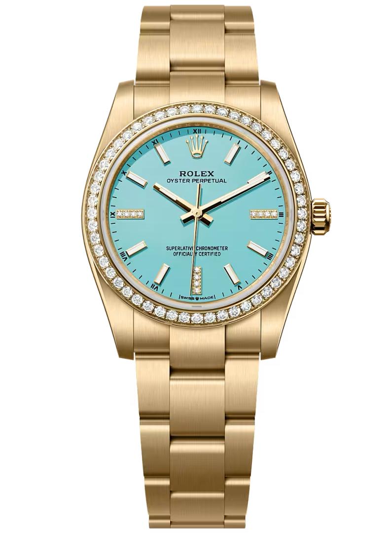 Rolex Oyster Perpetual 34 Yellow Gold Turquoise Blue Diamond Dial & Bezel 124248RBR - BRAND NEW