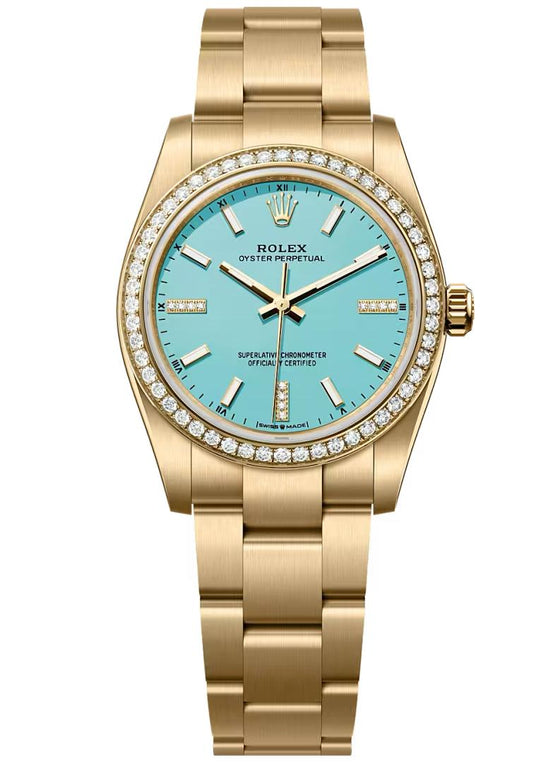 Rolex Oyster Perpetual 34 Yellow Gold Turquoise Blue Diamond Dial & Bezel 124248RBR - BRAND NEW