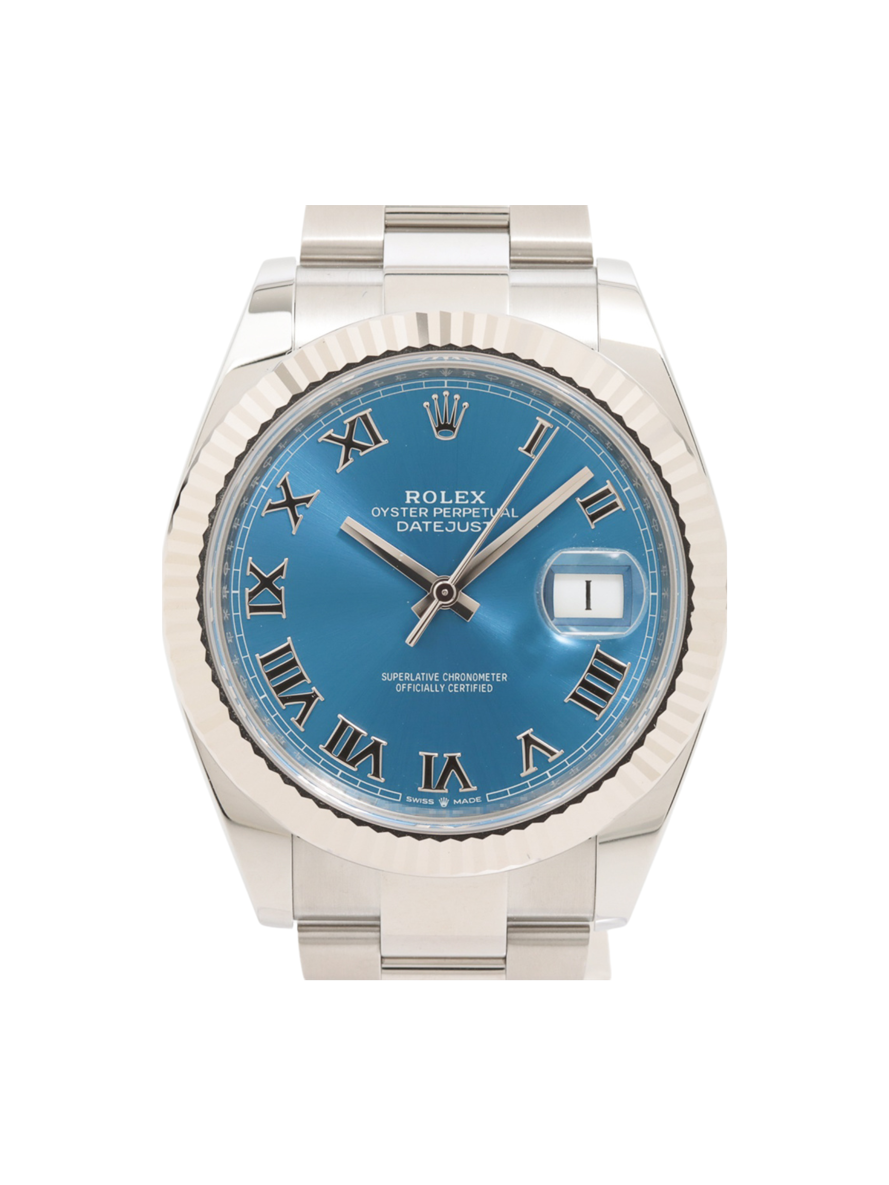 Rolex Datejust 41 White Gold/Steel Bright Blue Roman Dial Fluted Bezel Oyster Bracelet 126334 - BRAND NEW