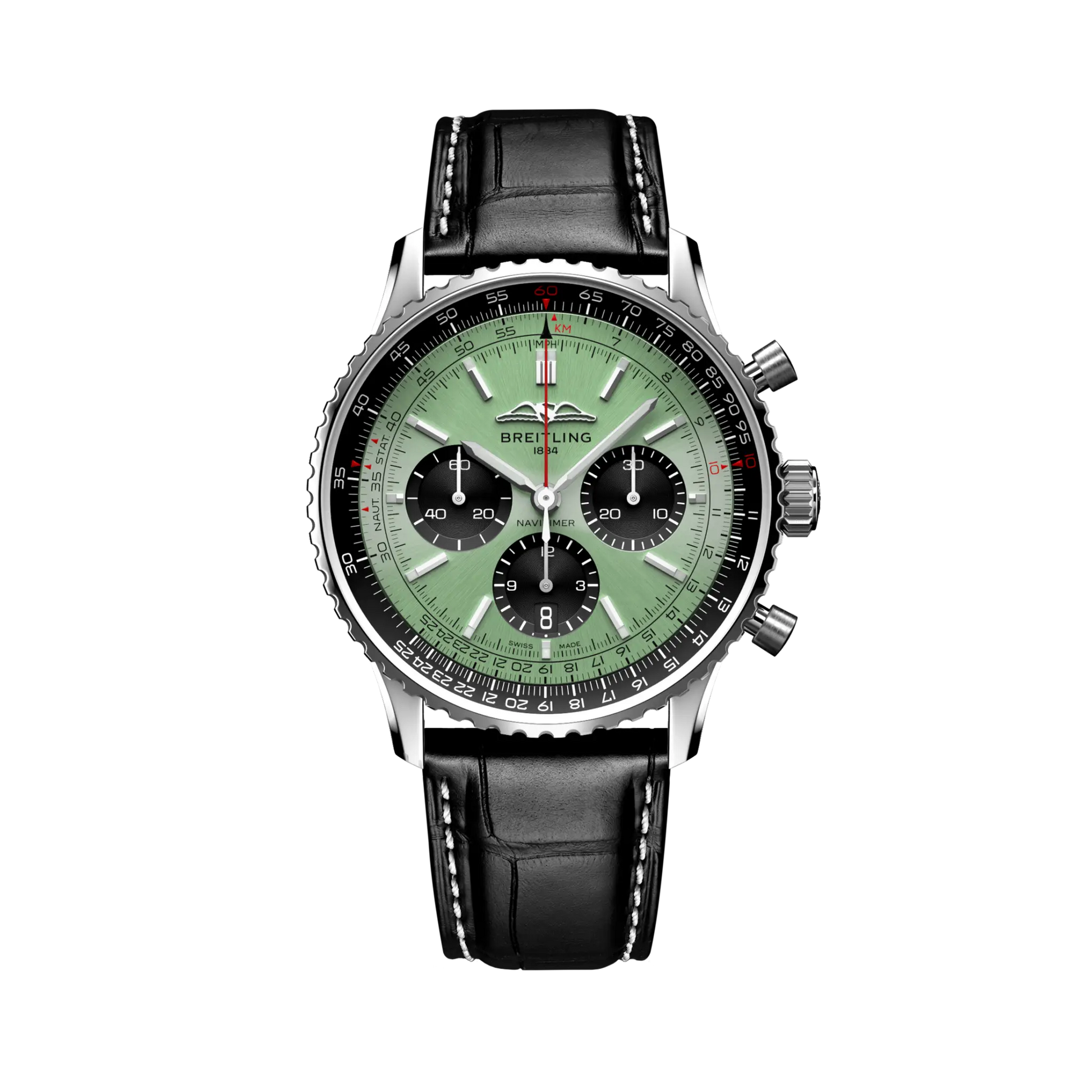 Breitling Navitimer B01 Chronograph 43 Stainless Steel Mint Green Dial Leather Strap AB0138241L1P1 - BRAND NEW