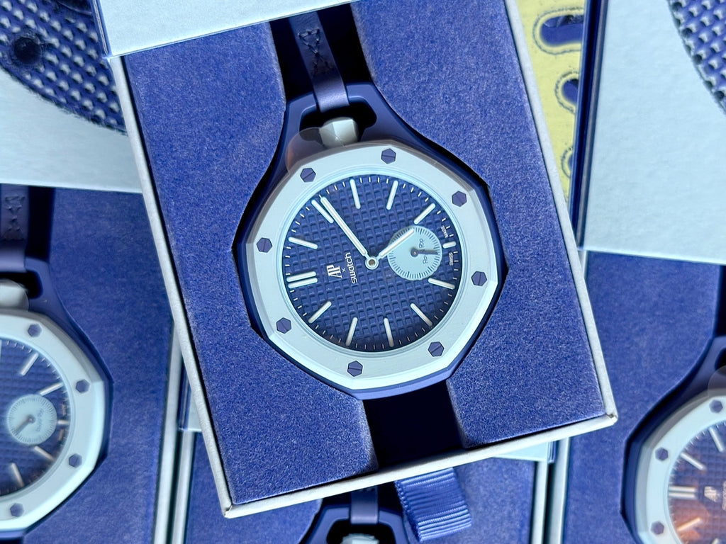Unworn AP x Swatch Royal Pop Lan Ba pocket watch presented in its original blue box