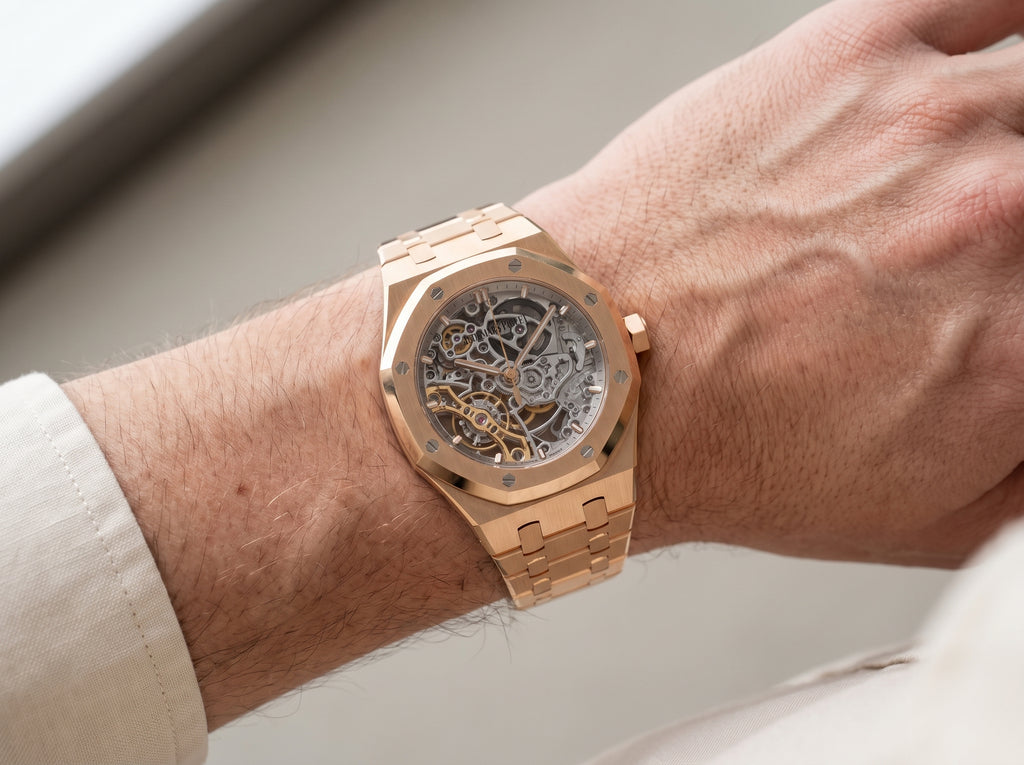 Audemars Piguet Royal Oak Double Balance Wheel Openworked Rose Gold 15467OR | Skeleton Automatic Luxury Watch — lifestyle wrist close-up