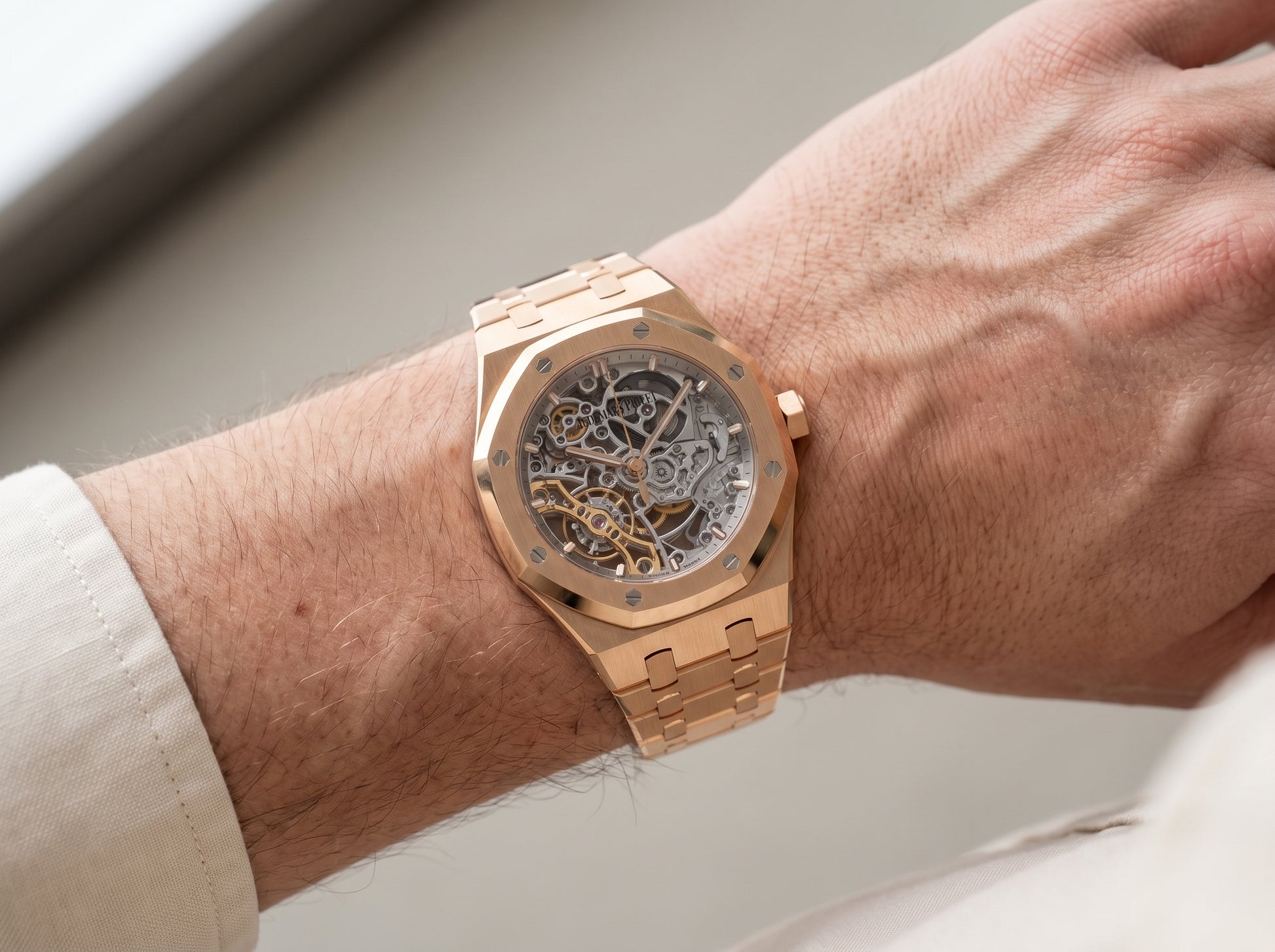 Audemars Piguet Royal Oak Double Balance Wheel Openworked Rose Gold 15467OR | Skeleton Automatic Luxury Watch — lifestyle wrist close-up