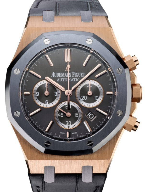 Audemars Piguet Royal Oak Leo Messi Chronograph Pink Gold Tantalum Bezel 41mm Grey Index Dial Alligator Leather Strap 26325OL.OO.D005CR.01 - BRAND NEW