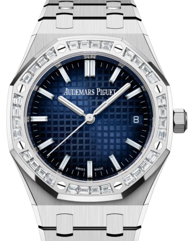 Audemars Piguet Royal Oak 34mm White Gold Diamond Set Bezel Blue Diamond Baguette Dial 77451BC.ZZ.1261BC.01