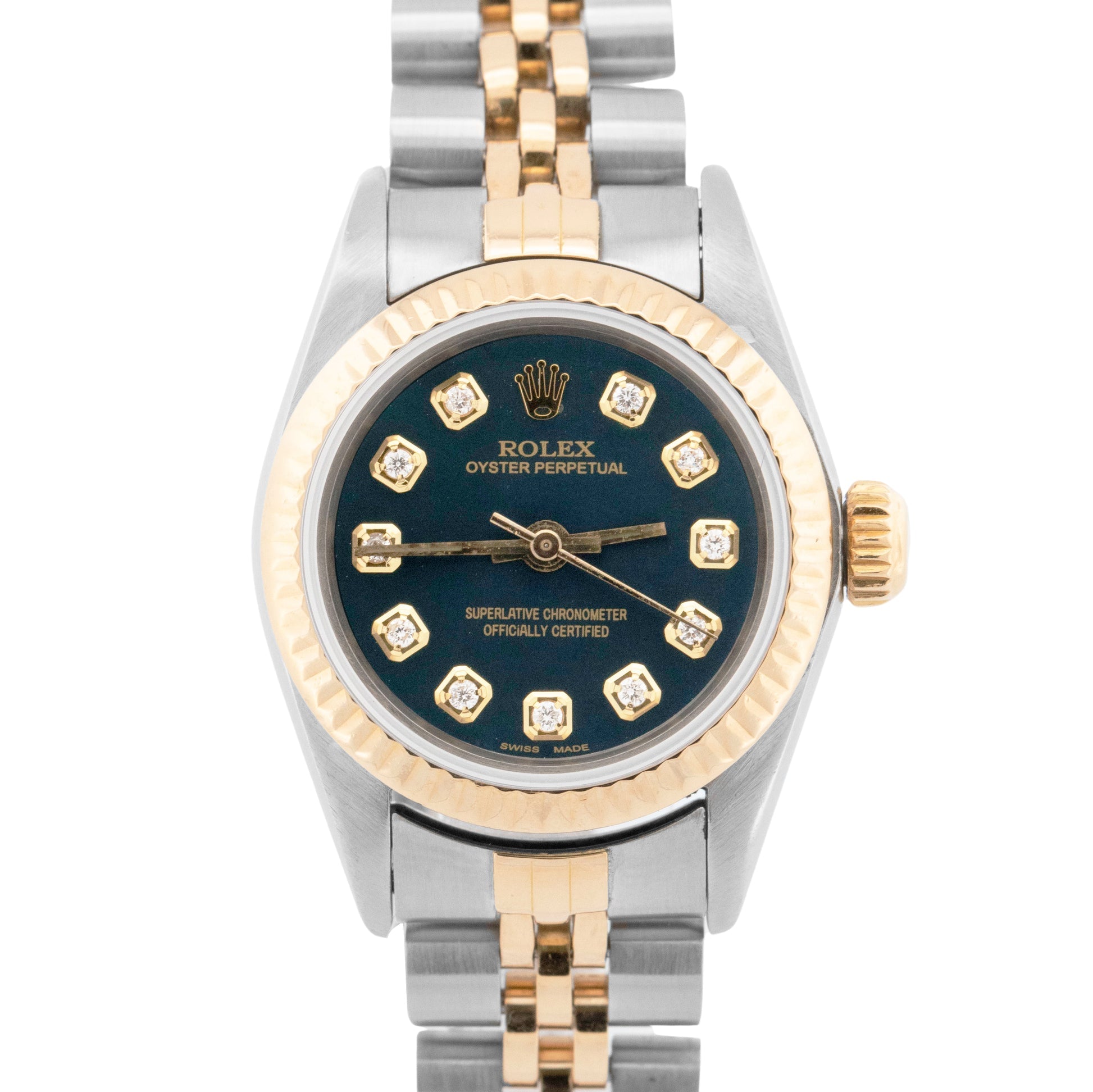 Rolex Oyster Perpetual 67193 24mm Two Tone Steel Gold Factory Diamond Dial Jubilee Bracelet Fluted Bezel